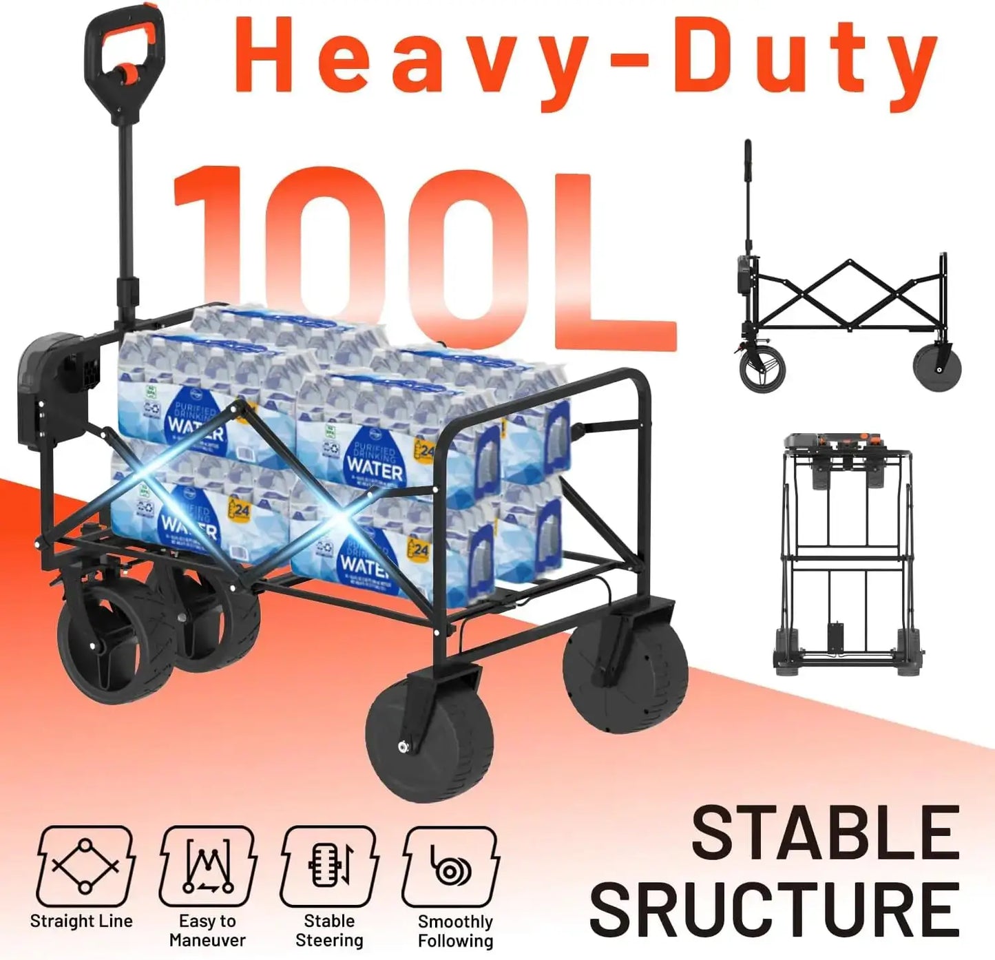 Electric Folding Wagon Cart with Wheels, 100L Portable Utility Cart for Beach Grocery Camping Shopping by Beastly Survival Outlet