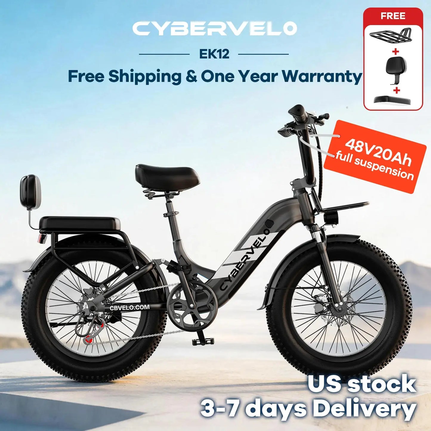 Cybervelo 20" Step-Thru Commuter, 1500W Peak 20ah Battery 80 Miles Long Range E-bike, 7-Speed Shift Adult Electric Bike EK12 by Beastly Survival Outlet