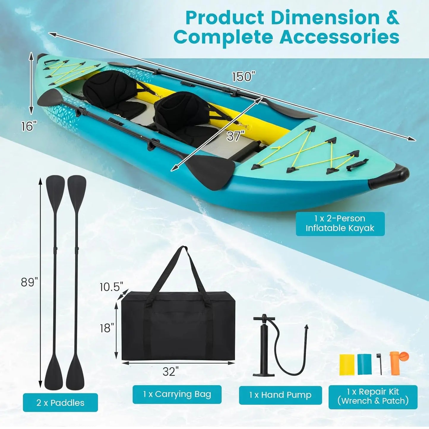 Beastly 12.5ft Inflatable Tandem Kayak Triple Chamber Safety