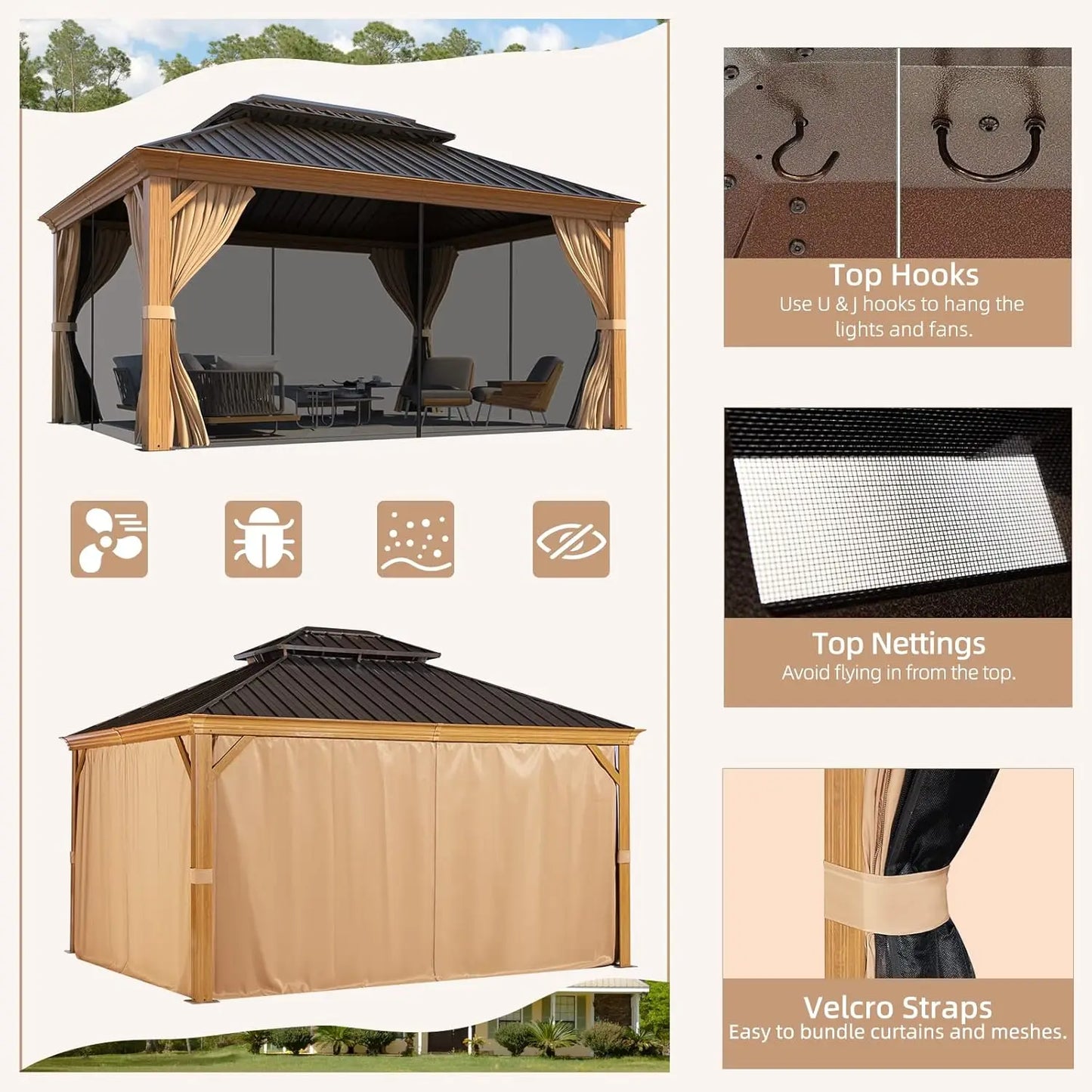 10x12 Hardtop Gazebo With WoodLook Aluminum Frame Steel Roof