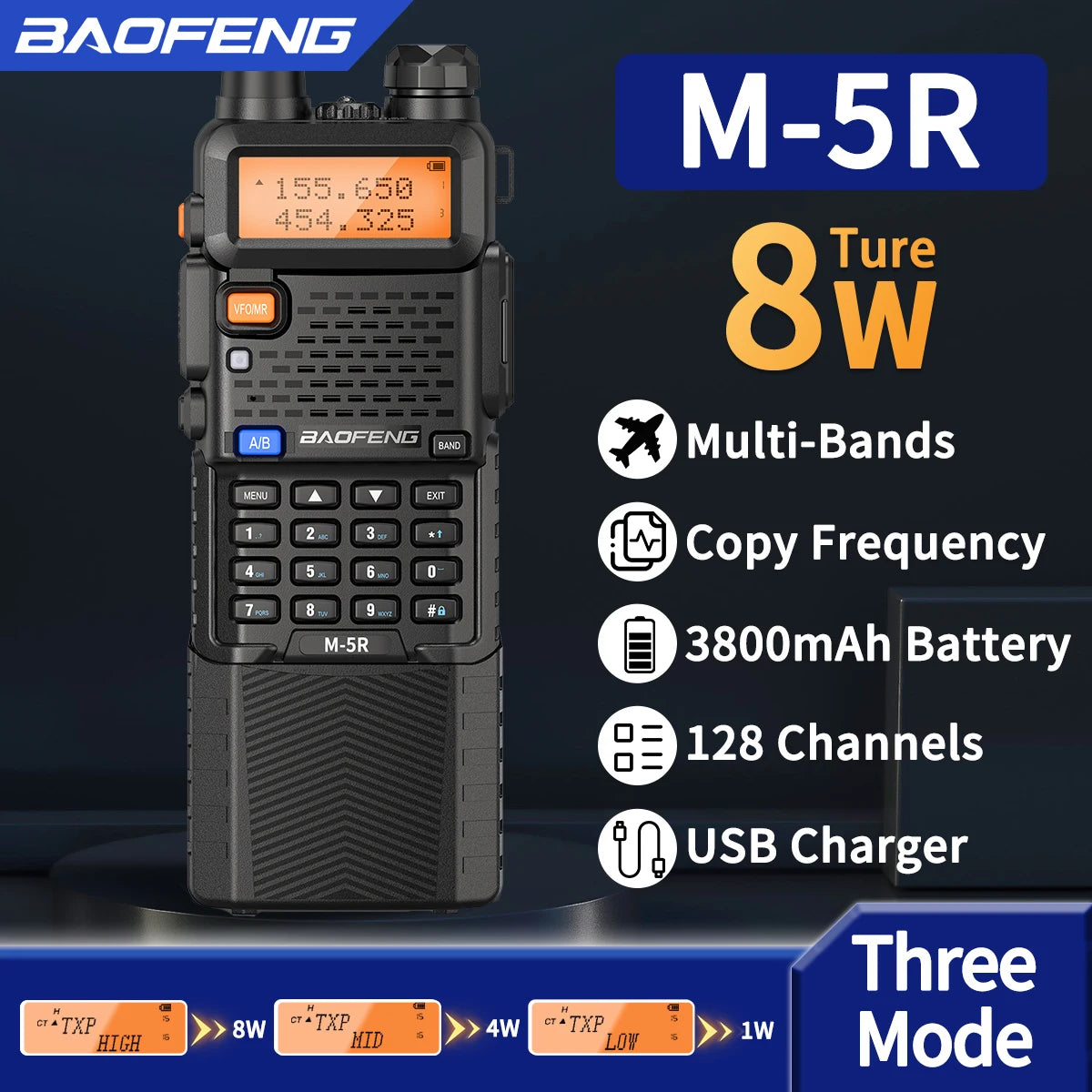Baofeng M-5R 8W Walkie Talkies Dual Pack 3800mAh Battery Pro
