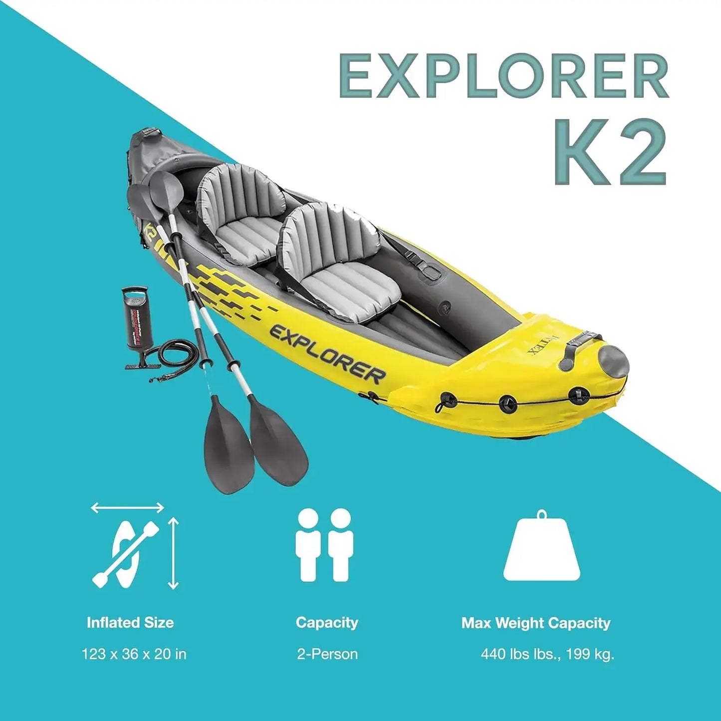 68307EP Explorer K2 Inflatable Kayak Set: Deluxe 86in Kayak Paddles and High-Output Pump – Adjustable Seats with, Custom by Beastly Survival Outlet