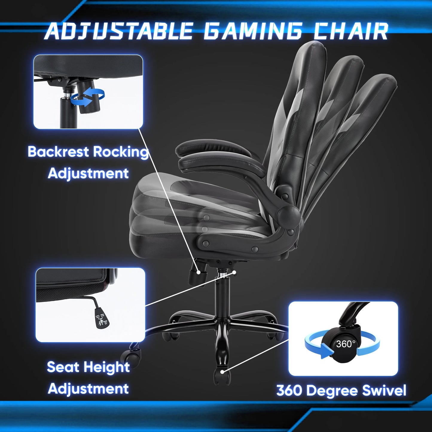 JHK Adjustable Ergonomic Office Gaming Chair with Flip-up Armrests