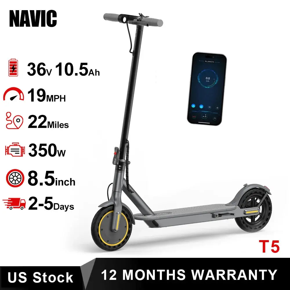 NAVIC T5 Electric Scooter 350W 19MPH APP Smart Control Scooter 8.5inch Solid tire Folding E-Scooter 22Miles Max Range for Adult by Beastly Survival Outlet
