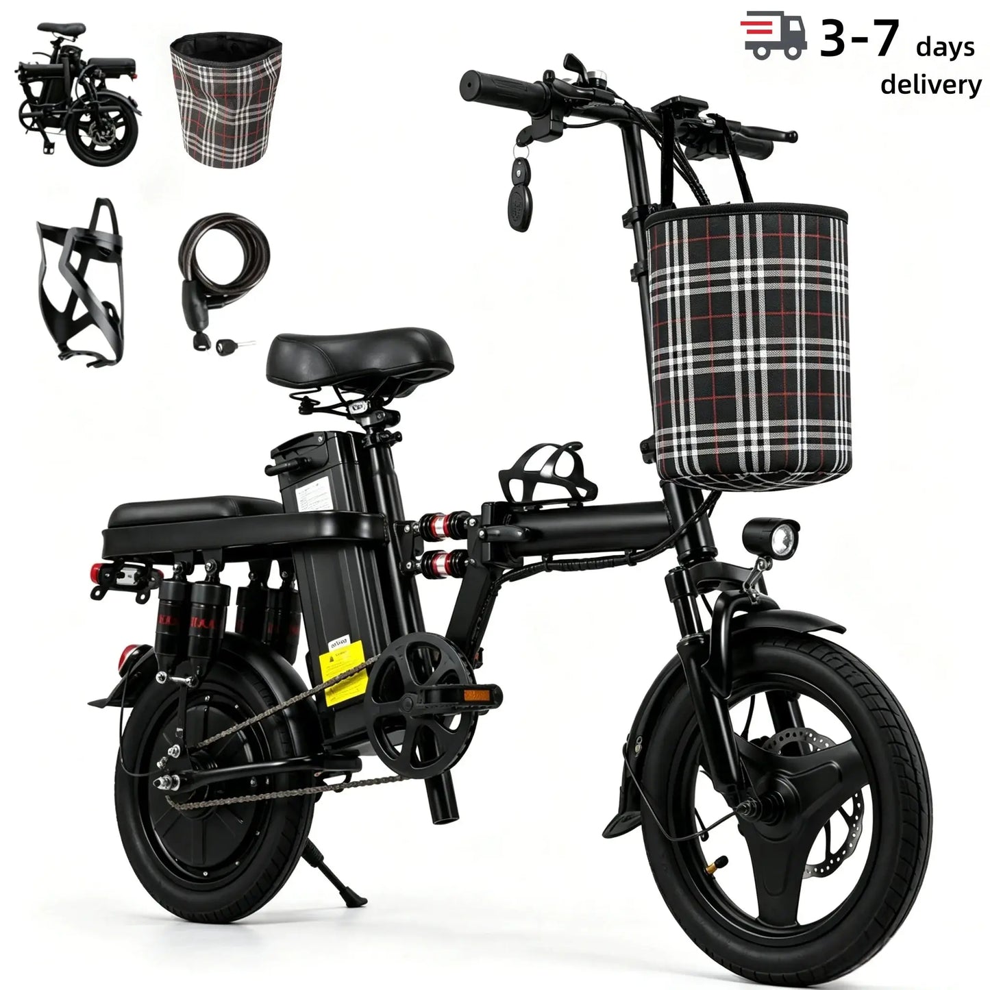 Foldable electric bicycle for adults, equipped with 14-inch tires, featuring 8 shock absorbers, a 500W motor power, a 48V 15Ah c by Beastly Survival Outlet