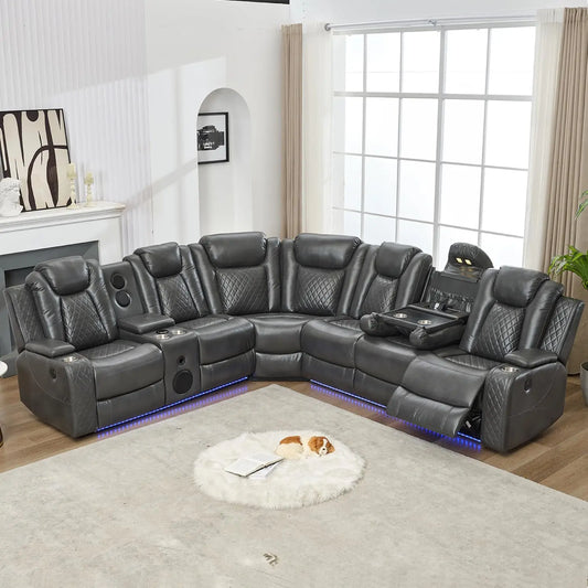 Six Seat Power Recliner Sectional Sofa With USB Bass LED Pro