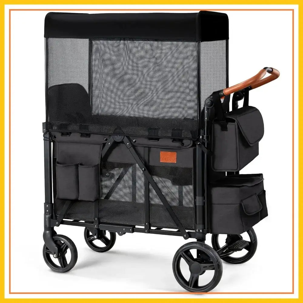 Double Wagon Stroller for 2 Kids, Foldable All-Terrain, High Seat, 5-Point Harness, Canopy, Black by Beastly Survival Outlet