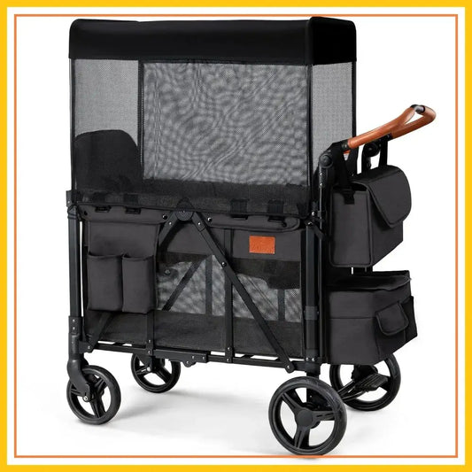 Double Wagon Stroller for 2 Kids, Foldable All-Terrain, High Seat, 5-Point Harness, Canopy, Black by Beastly Survival Outlet