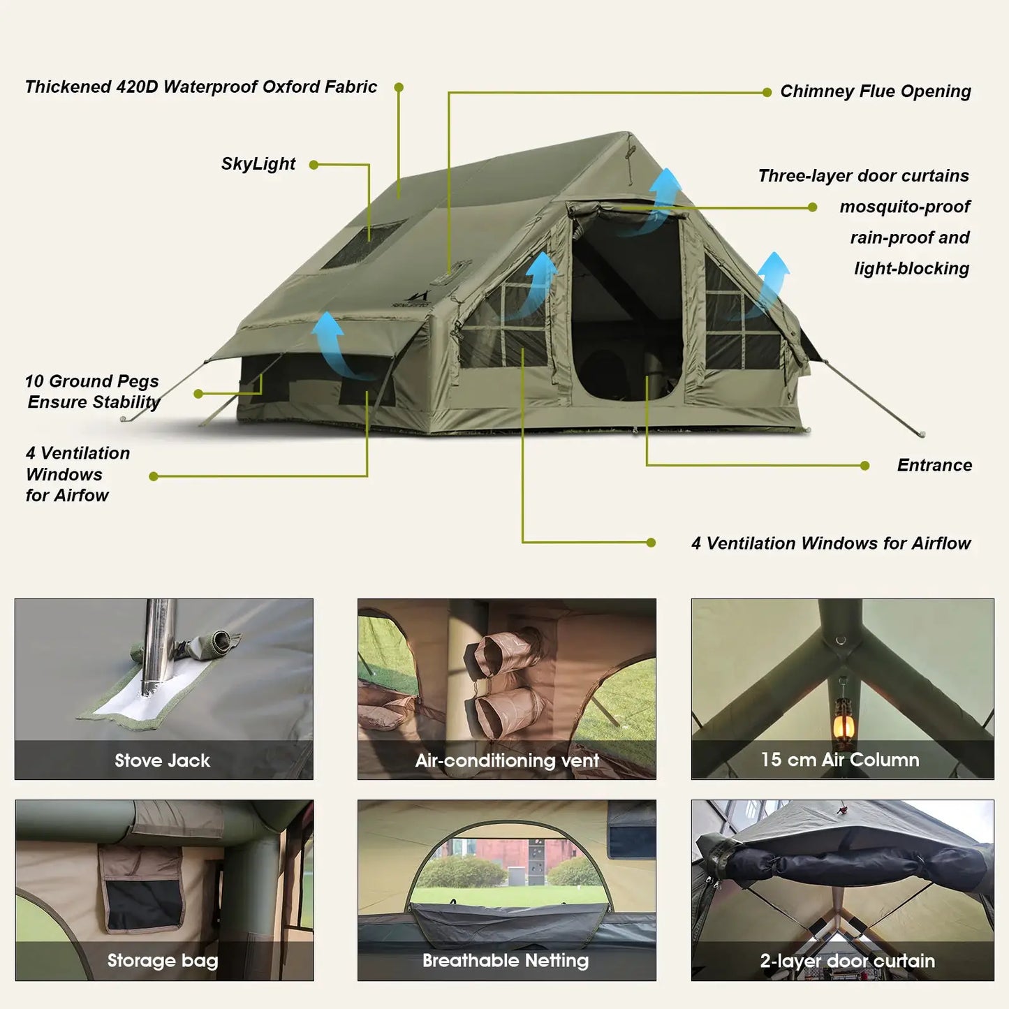 Army Green Inflatable 4 Season Camping Tent Chimney Air Vent by Beastly Survival Outlet