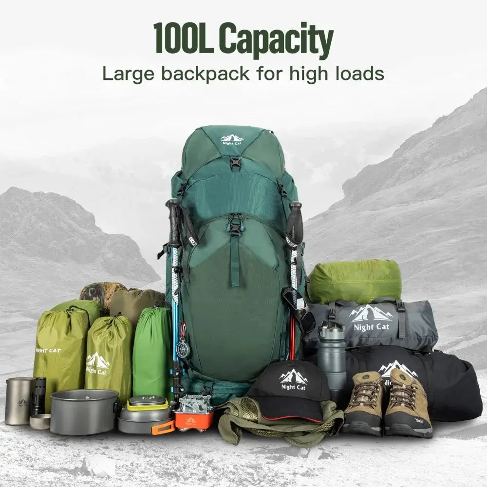 Night Cat Internal-frame Hiking Backpack: 100L Large Camping Backpack for Men Women Hiking Climbing Traveling Waterproof Rain Cover by Beastly Survival Outlet