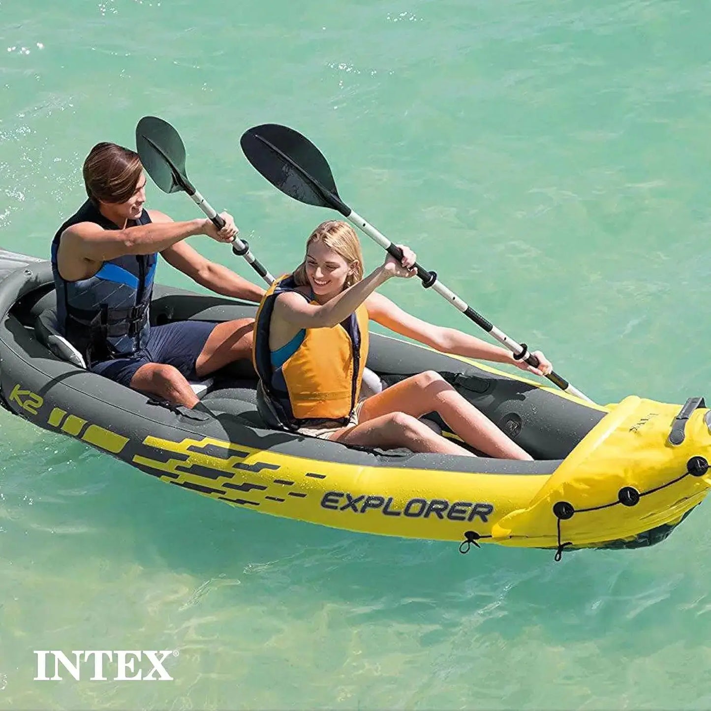 68307EP Explorer K2 Inflatable Kayak Set: Deluxe 86in Kayak Paddles and High-Output Pump – Adjustable Seats with, Custom by Beastly Survival Outlet
