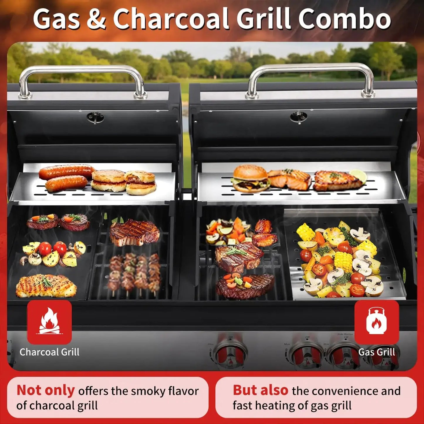 Charcoal and 3-Burner Propane Gas Grill Combo with Side Burner & Porcelain-Enameled Cast Iron Grate, Dual Fuel BBQ, Customized by Beastly Survival Outlet