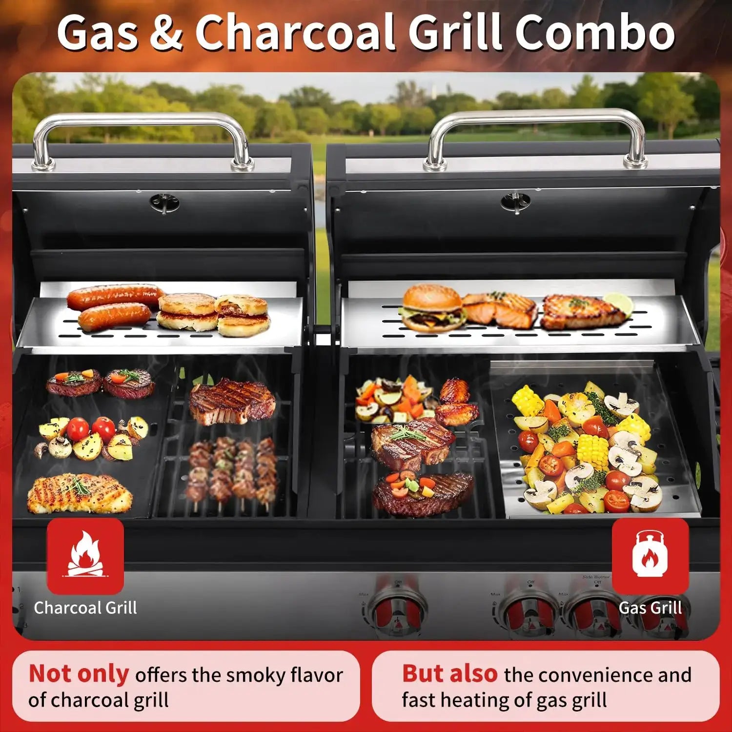 Charcoal and 3-Burner Propane Gas Grill Combo with Side Burner & Porcelain-Enameled Cast Iron Grate, Dual Fuel BBQ, Customized by Beastly Survival Outlet