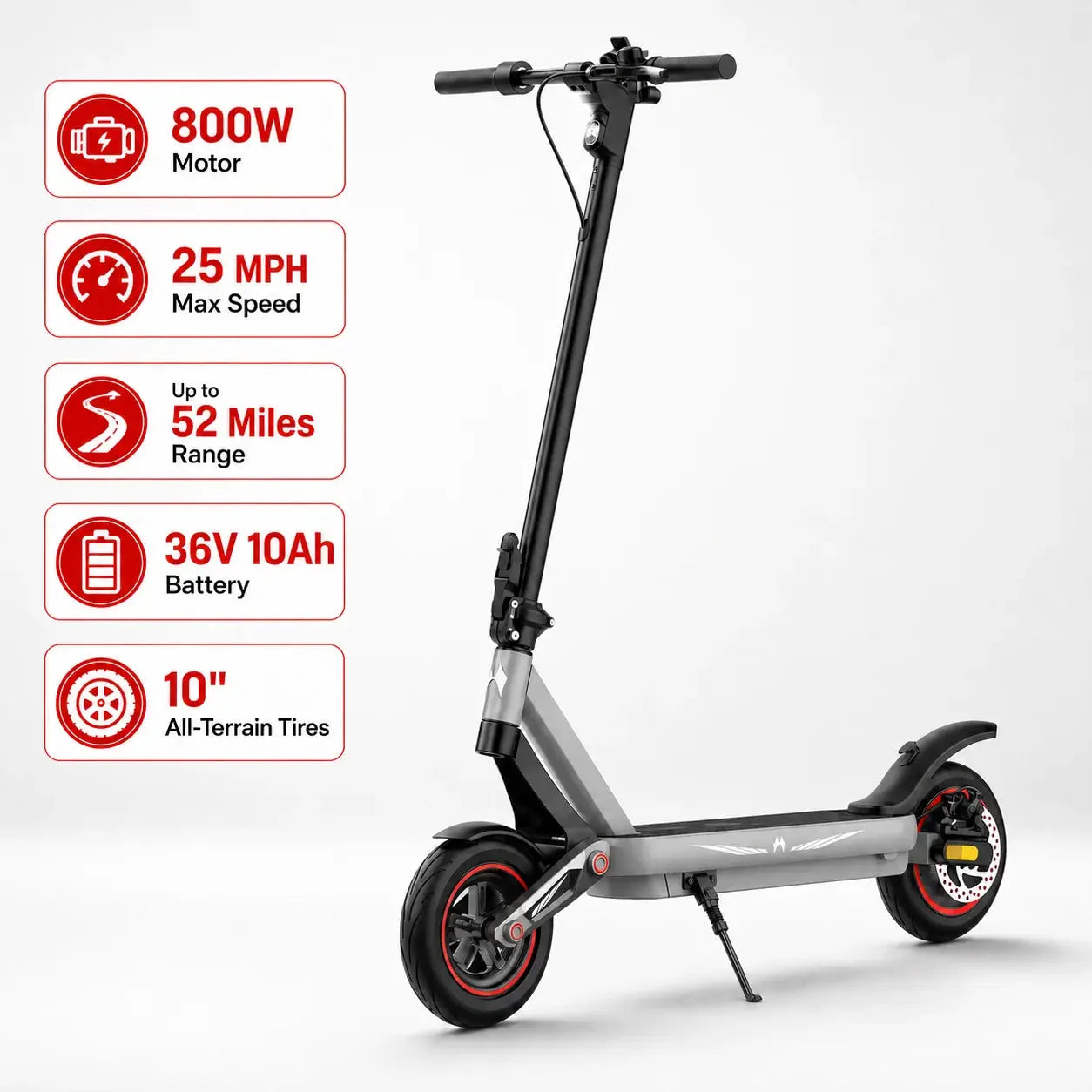 800W Electric Scooter for Adults, 25 MPH Max Speed, 52 Miles Long Range, 36V 10Ah Battery, 10" All-Terrain Off-Road Tires, Foldable Commuter E-Scooter for City Riding, Daily Travel and Outdoor Use by Beastly Survival Outlet