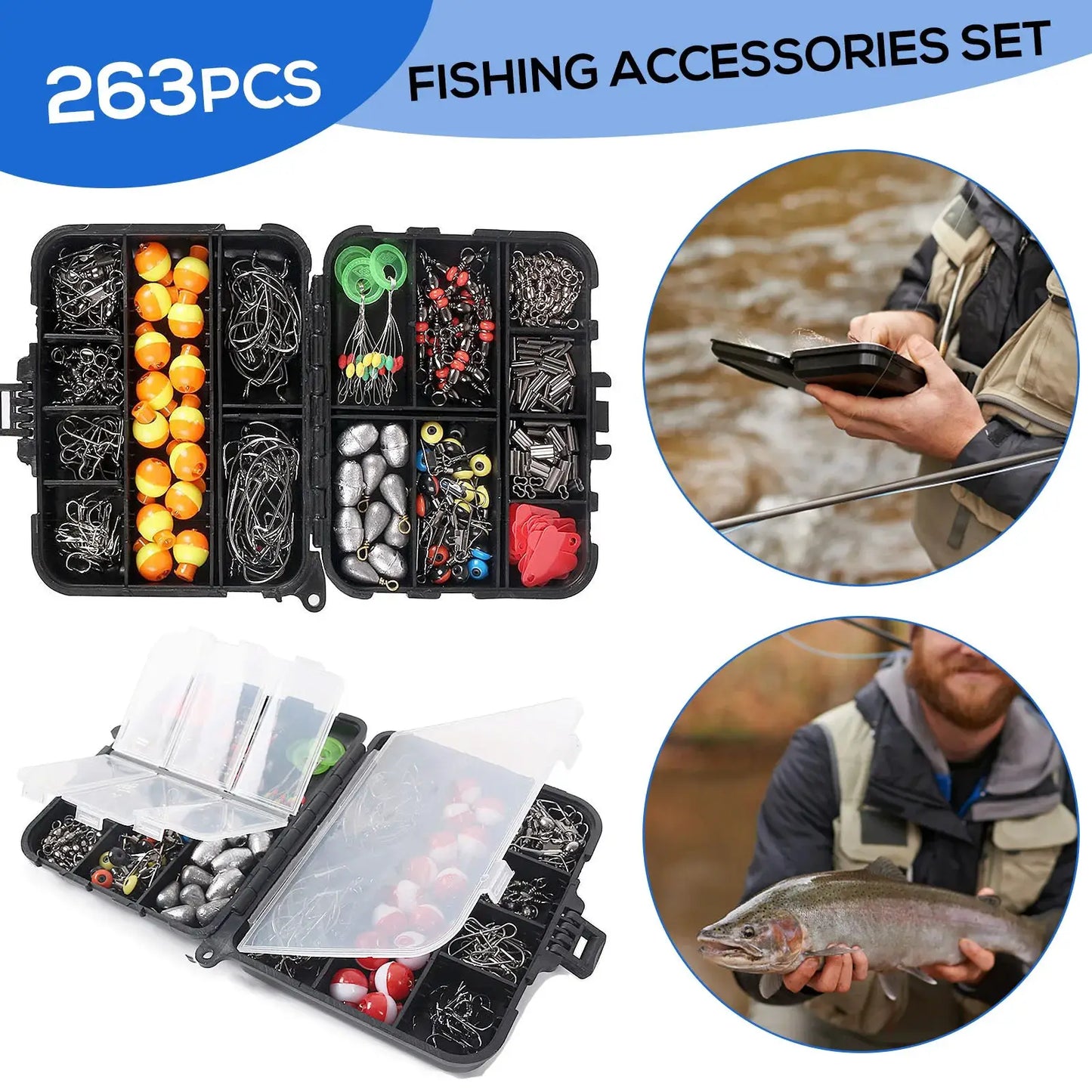 263pcs Fishing Accessories Set with Tackle Box Including Plier Jig Hooks Sinker Weight Swivels Snaps Sinker Slides by Beastly Survival Outlet