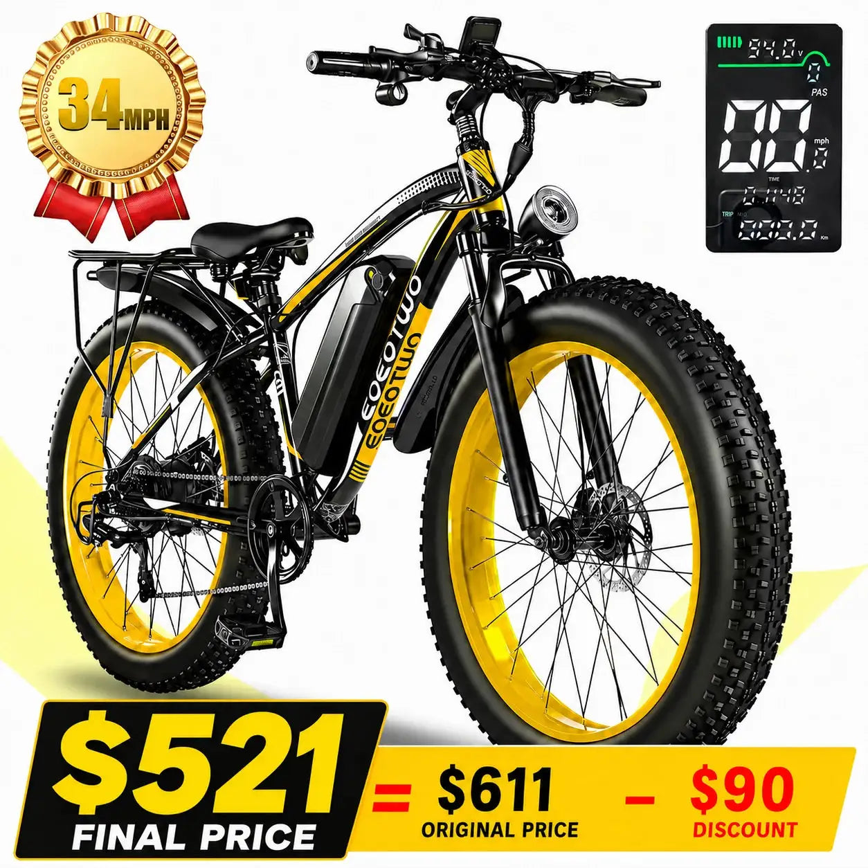 EOEOTWO 1500W Electric Bike 48V 15Ah Battery 26" 4.0 Fat Tire Ebike 34MPH High Speed Mountain Bicycle Off-Road Snow Bike for Adults by Beastly Survival Outlet