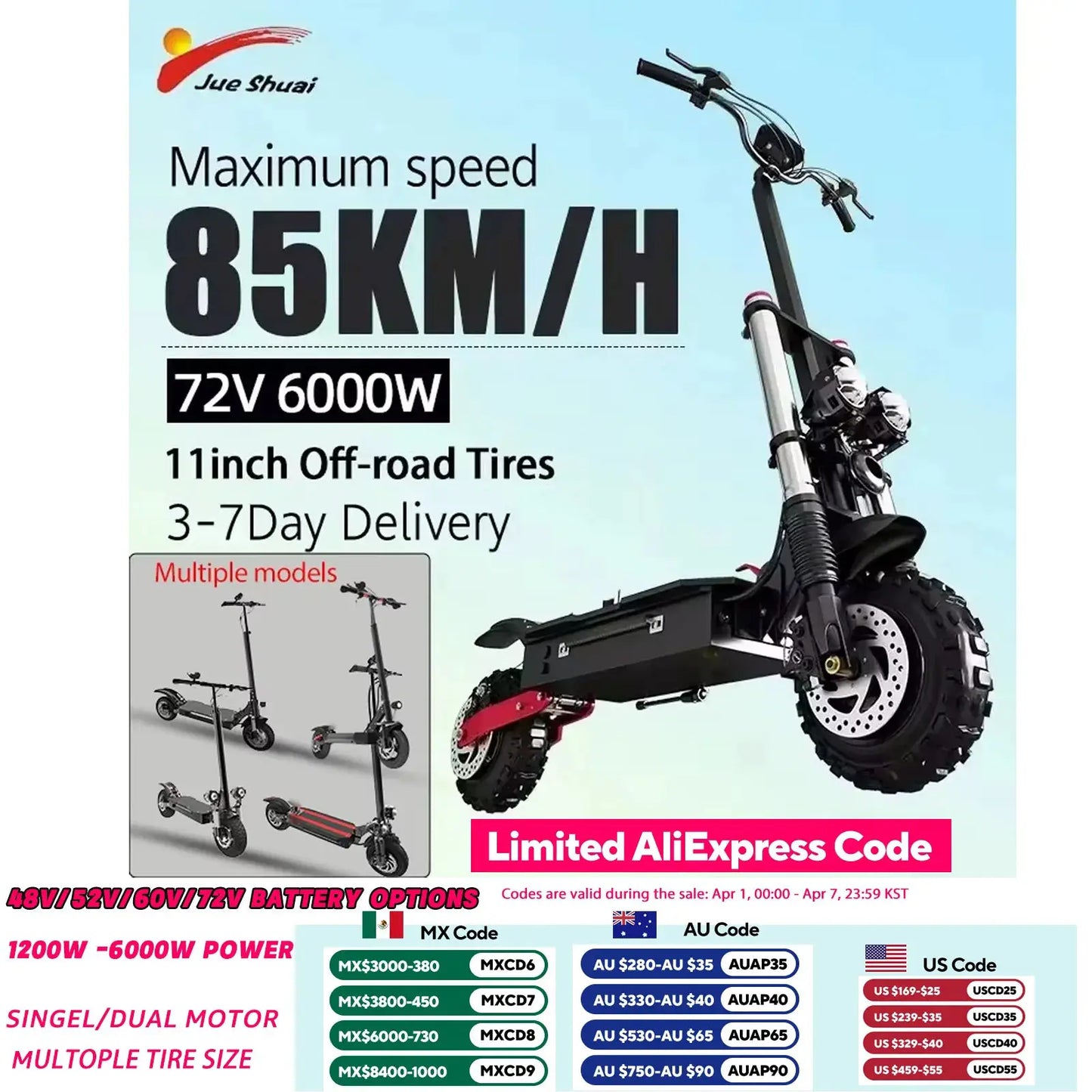 [8 models]10/11 Inch 48V-72V 1000W-6000W Electric Scooter 50-85km/h Fast E Scooter Off Road Electric Kick Scooter Foldable Adult by Beastly Survival Outlet