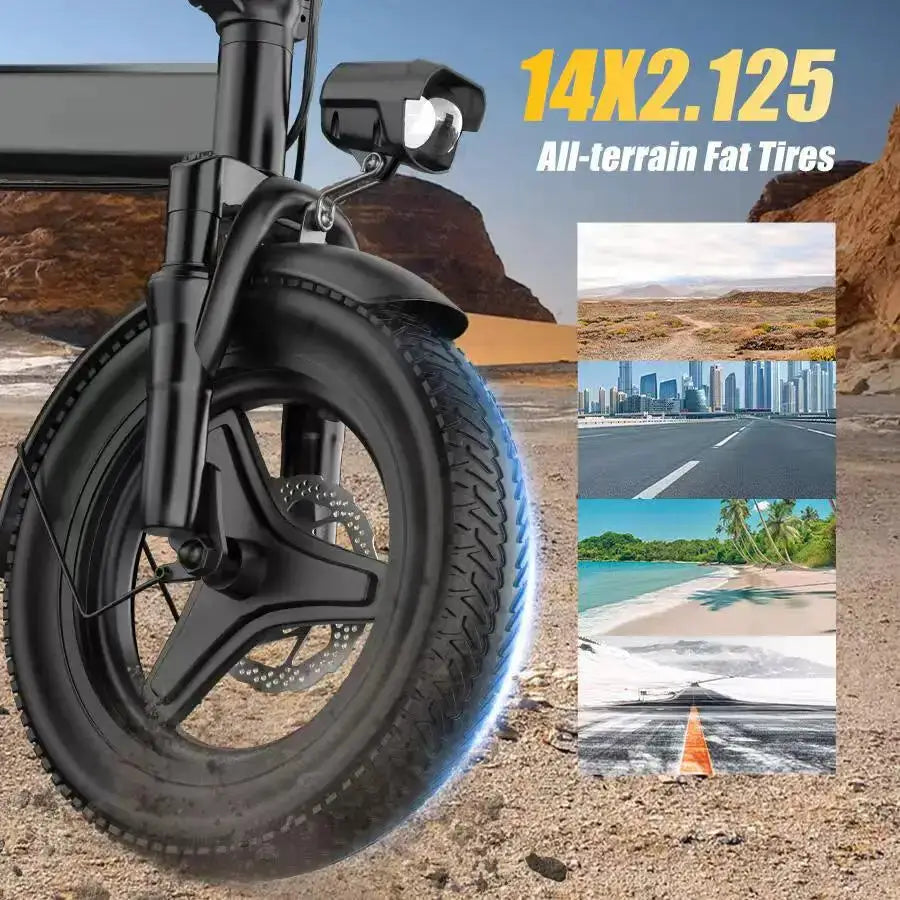 Foldable electric bicycle for adults, equipped with 14-inch tires, featuring 8 shock absorbers, a 500W motor power, a 48V 15Ah c by Beastly Survival Outlet