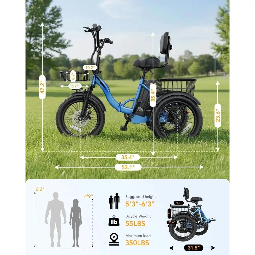 Triker Electric Bike, Peak 750W/1200W Brushless Motor Folding Trike Ebike, 499Wh Removable Battery, Step-Thru 3, Customized by Beastly Survival Outlet