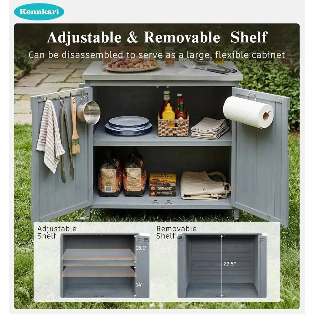 Outdoor Kitchen Island with Adjustable Shelf, Wood Grill Cart, Stainless Steel Top, and Storage Cabinet in Grey Blue by Beastly Survival Outlet