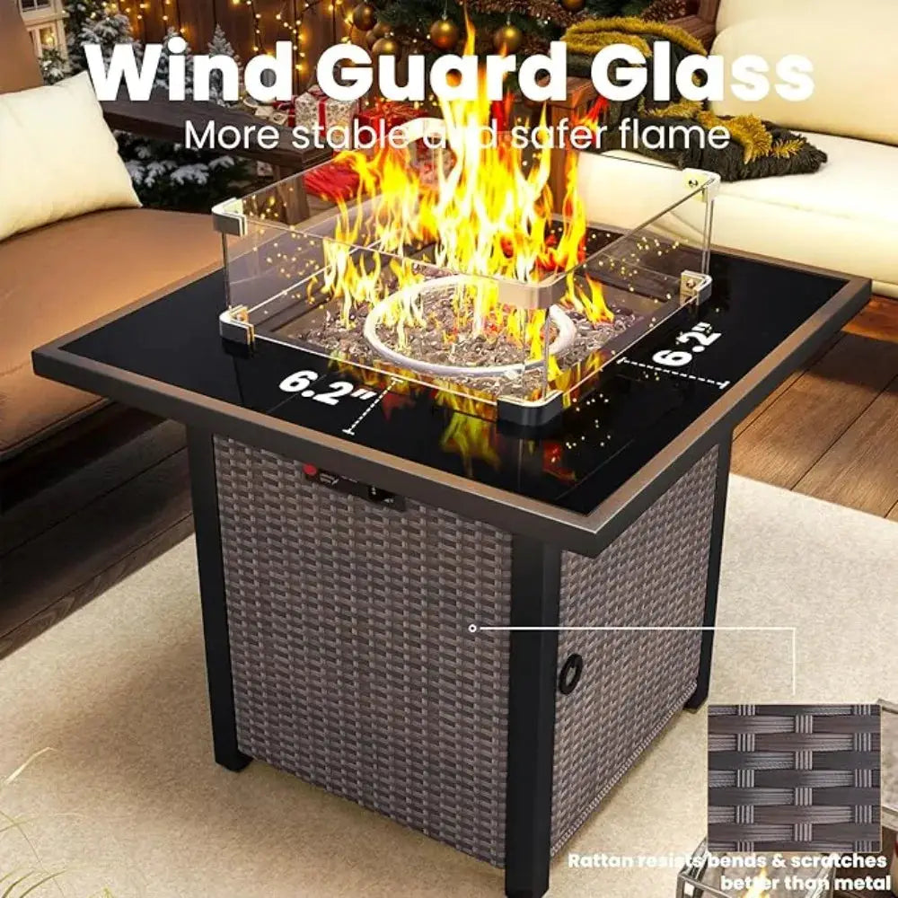 Propane Fire Pit Table, Outdoor Fire Pit Table, 28" Rattan Square Outdoor Gas Fire Pit with Glass Wind Guard by Beastly Survival Outlet