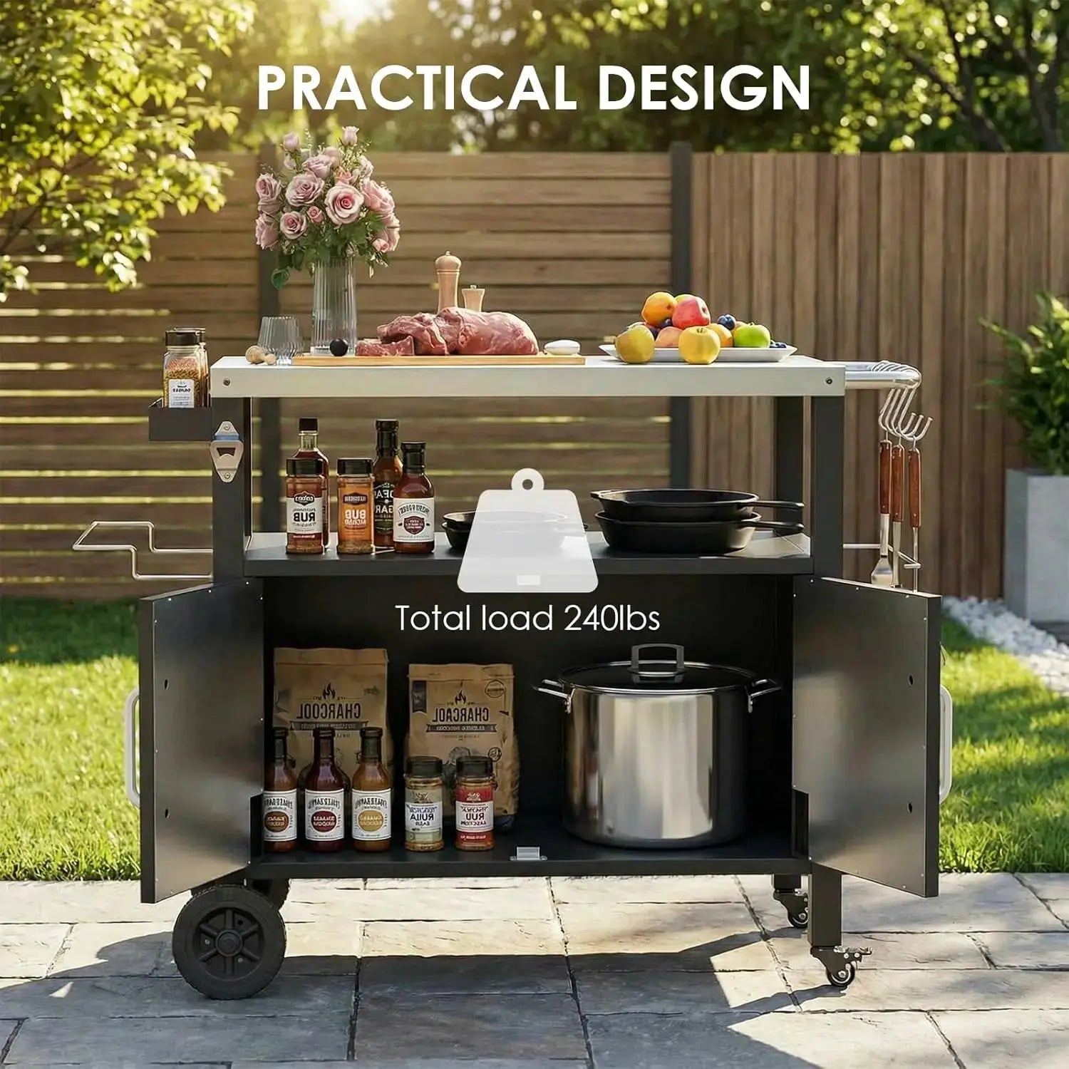 Outdoor Grill Cart with Storage Cabinet, XL Outdoor Kitchen Island with Stainless Steel Top, Outdoor Grill Station w/ 4 Wheels by Beastly Survival Outlet
