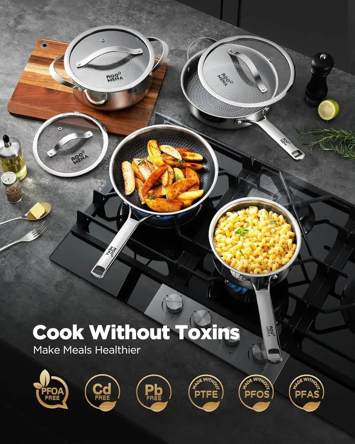 Pots and Pans Set Hybrid Stainless Steel 17PC Nonstick Tri Ply Cookware Set w Frying pan Dishwasher Oven Safe PFOA Free Metal by Beastly Survival Outlet