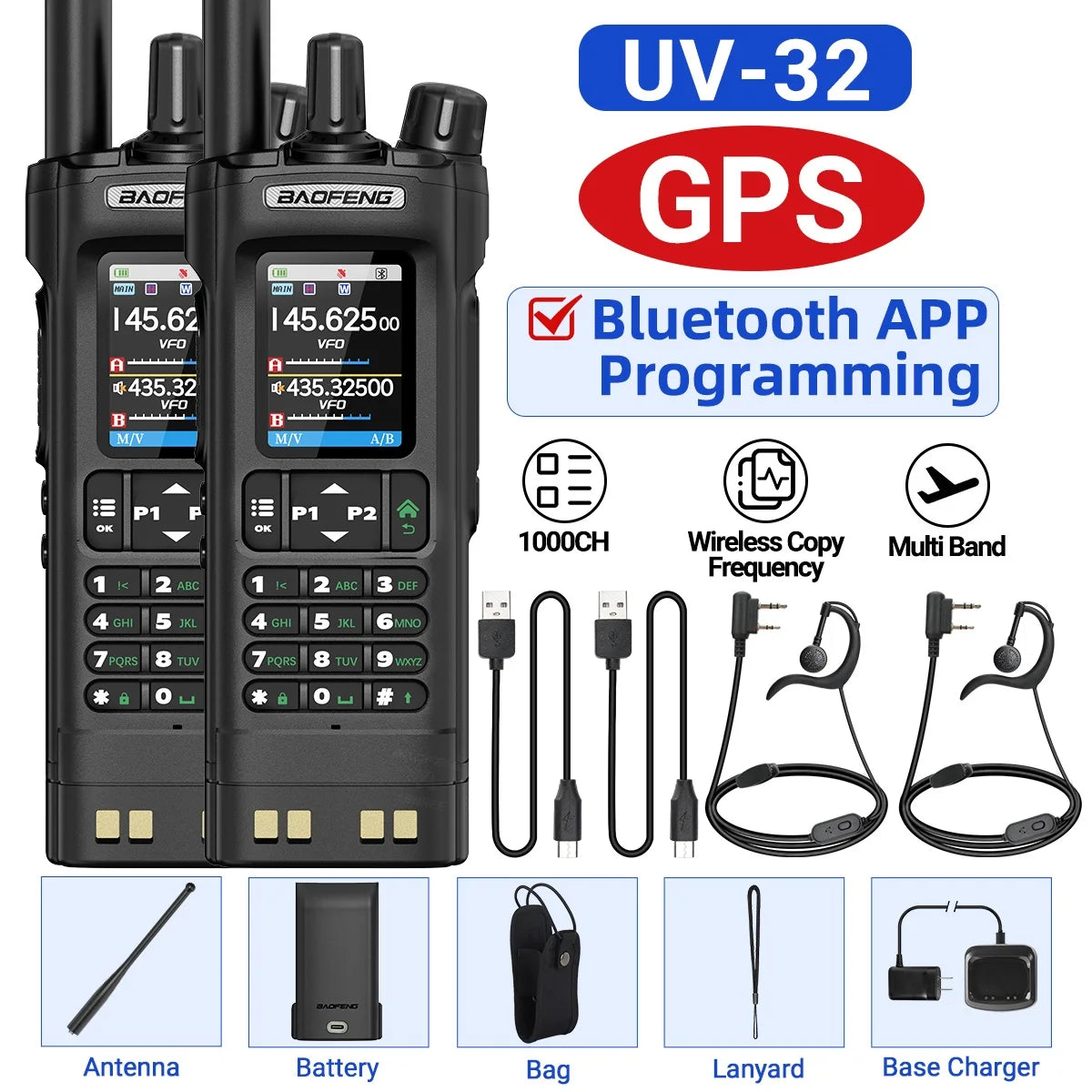 Baofeng UV 32 GPS Walkie Talkie 10W Long Range Bluetooth